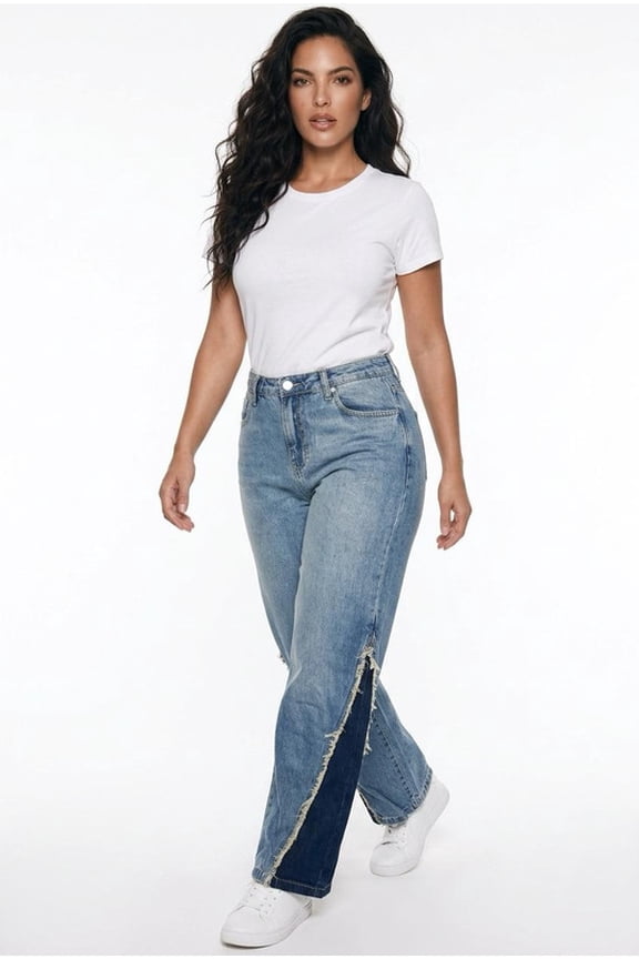 PTCL Women's Two-Tone Split Hem Straight Leg Jeans Light Blue Dark Blue