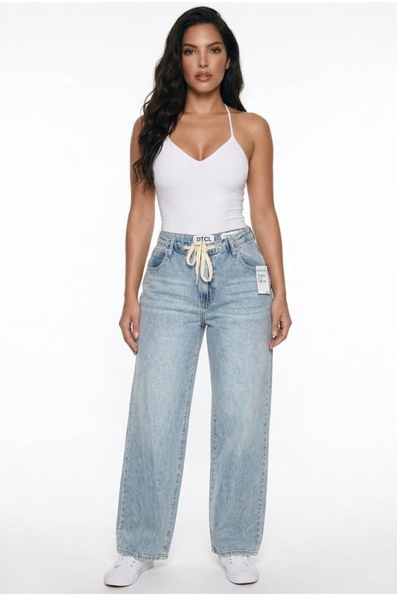 PTCL Women's Wide Leg High Waisted Light Wash Denim Jeans Drawstring