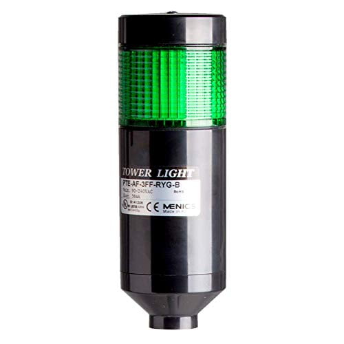 PTE-A-1FF-G-B, LED Stack Tower Light, 56mm Green Color 1 Stack Modular, Steady, Pole mounting Black Body, 25" prewired, 90-240V AC$$Electrical