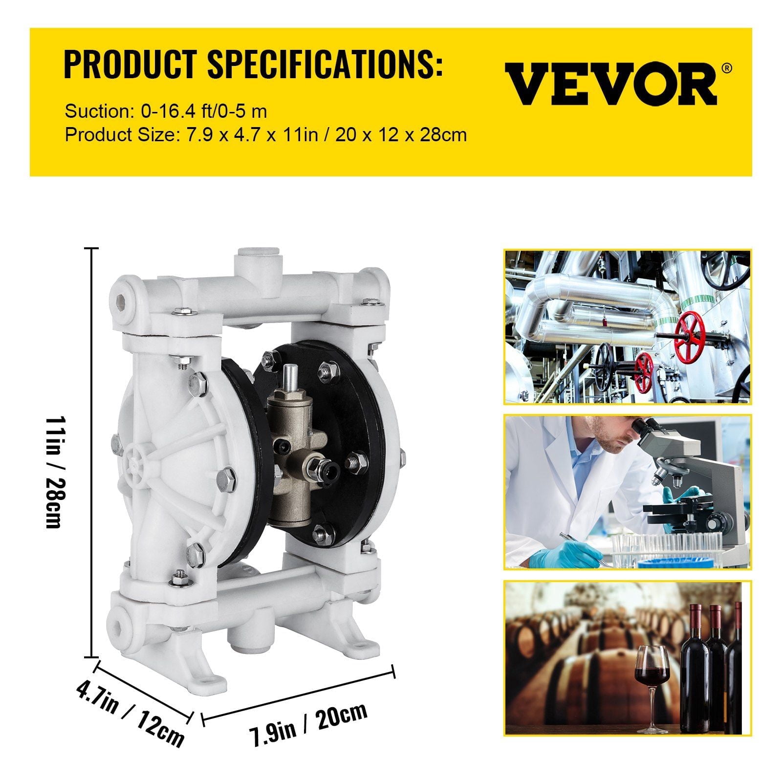 PTFE Diaphragm Pneumatic Pump, 1/2 Inch Inlet & Outlet, Polypropylene Body, 2.5 GPM Flow, 80 PSI, for Diesel, Oil & Low Viscosity Fluid Transfer