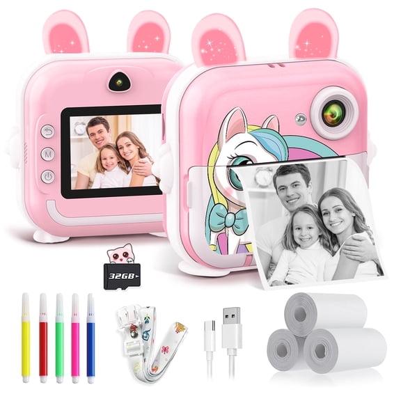 PTHTECHUS Kids Camera Instant Print, 48MP HD Digtal Camera for Kids with 32 GB SD Card, Christmas Birthday Gifts Toys for Toddler Age 3-12 Years Old, Pink