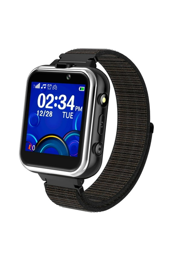 Kids Smartwatch Dual Camera Games Pedometer 1.54mm Black Plastic Case with Black Band