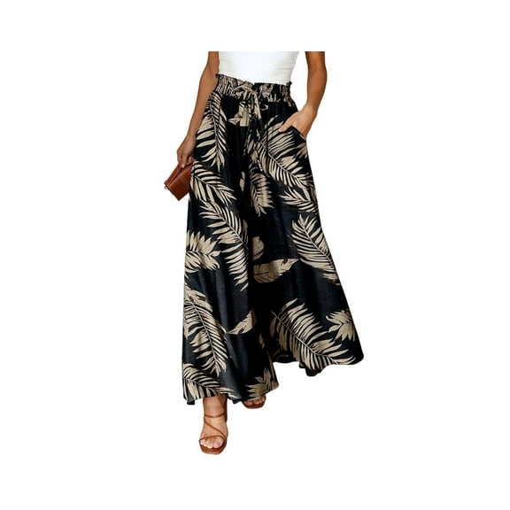 PTHTECHUS Womens Floral Wide Leg Pants With Pockets High Waist Adjustable Knot Loose Casual Trousers Business Work Casual Pants Loose Pants