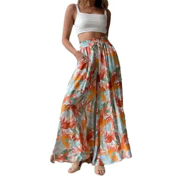 PTHTECHUS Womens Floral Wide Leg Pants With Pockets High Waist Adjustable Knot Loose Casual Trousers Business Work Casual Pants Loose Pants