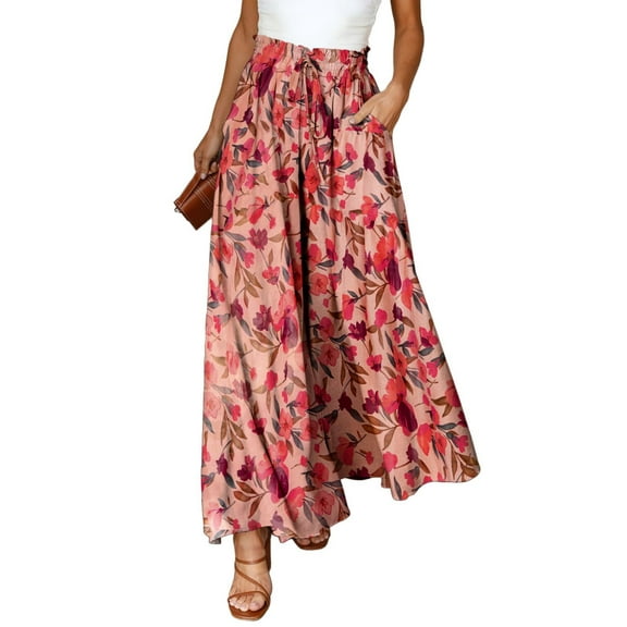 PTHTECHUS Womens Floral Wide Leg Pants With Pockets High Waist Adjustable Knot Loose Casual Trousers Business Work Casual Pants Loose Pants