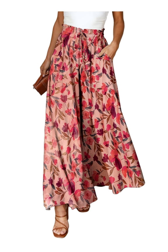 Womens Floral Wide Leg Pants With Pockets High Waist Adjustable Knot Loose Casual Trousers Business Work Casual Pants Loose Pants