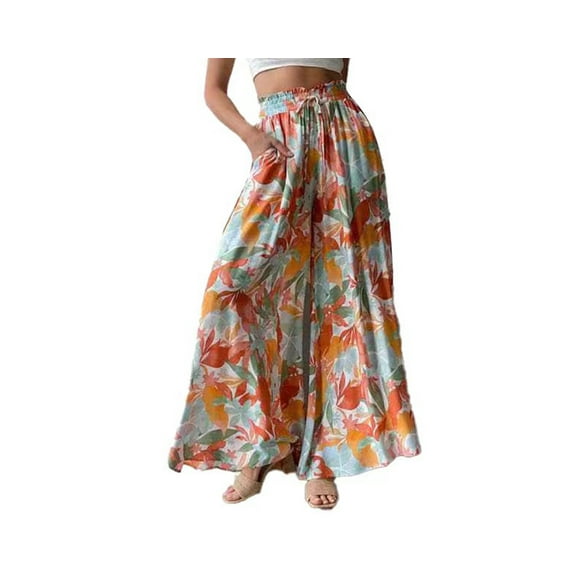 PTHTECHUS Womens Floral Wide Leg Pants With Pockets High Waist Adjustable Knot Loose Casual Trousers Business Work Casual Pants Loose Pants