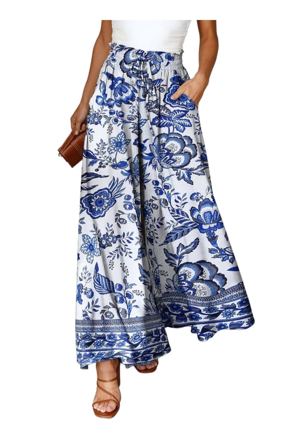 Womens Floral Wide Leg Pants With Pockets High Waist Adjustable Knot Loose Casual Trousers Business Work Casual Pants Loose Pants