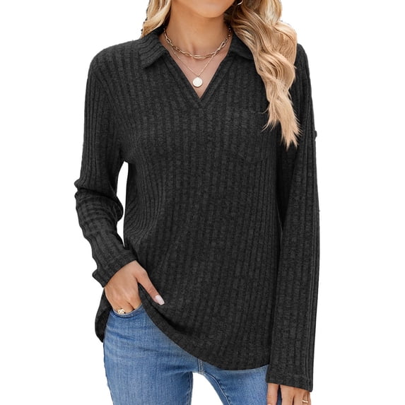 PTHTECHUS Womens Long Sleeve Tops Collared Blouses with Pocket Casual Fall Long Sleeve Sweatshirts Tunic Tops Lightweight Pullover