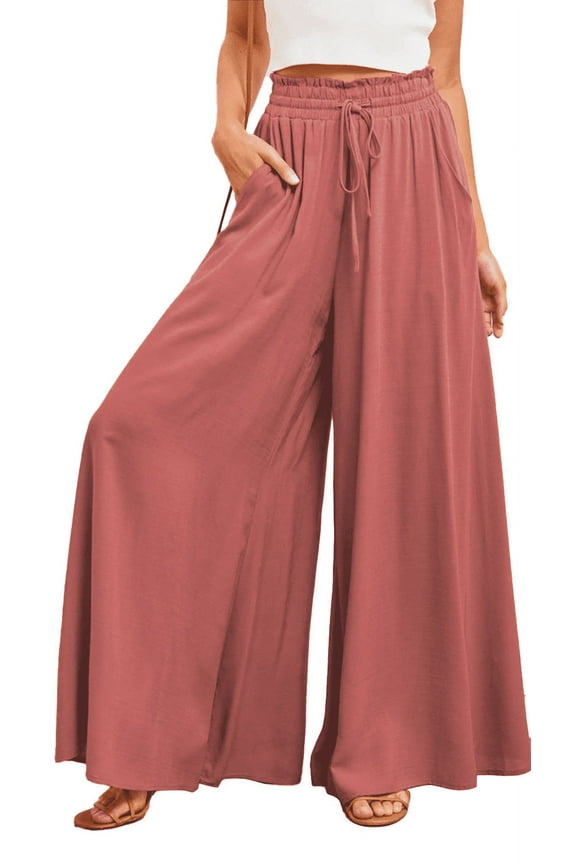 Womens Wide Leg Pants with Pockets High Waist Adjustable Knot Loose Casual Trousers Business Work Casual Loose Pants