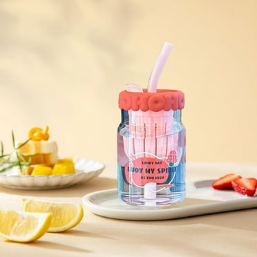 PTJKU High-Capacity Glass Water Bottle with Stirring Filter, Leakproof Locking Lid, Ideal for Gym, Outdoor, and Office Use (20.3oz). Pink