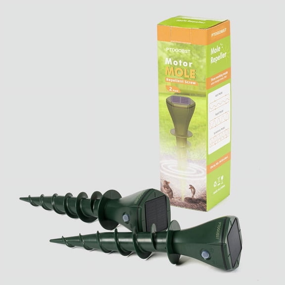 PTOGOBST 2 Pack Solar Powered Mole Repellent with Screw-Shape Stakes, Ultrasonic Mole Trap, Mouse Repellent, Gopher Vole Repellent for Yard, Farmland