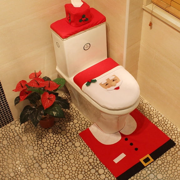 PTOOTP Christmas Toilet Seat Cover Set Warm Flannel Bathroom Decor Easy Install Holiday Home Decoration