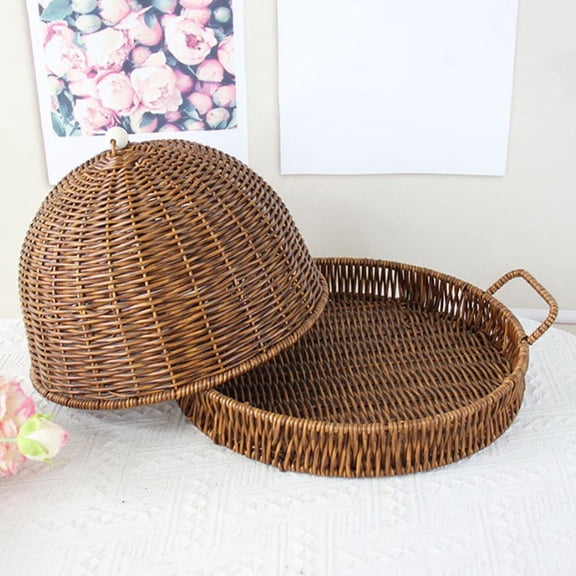 PTOOTP Kitchen Storage Basket with Lid, 1-Pack Coffee Color, PP Material, Imitation Rattan Design, Rubber Hose Handle