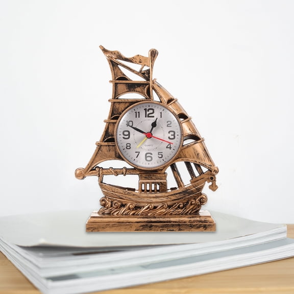 PTOOTP Miniature Sailboat Figurine Clock with Alarm, Golden Plastic Sailboat Sculpture, Luxury Timekeeping Decor, 1 Piece