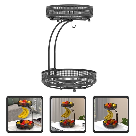 PTOOTP Geometric Metal Hanging Fruit Basket with Banana Hook for Kitchen Storage and Home Organization, 1 Piece Set