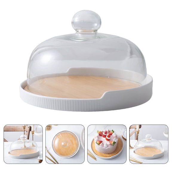 PTOOTP 1Set Rotating Cake Plate with Glass Cover and Wooden Tray for Stylish Home Use