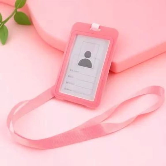 PTOOTP 1Set Pink Badge Holder with Lanyard Transparent Window for Office School Daily Use