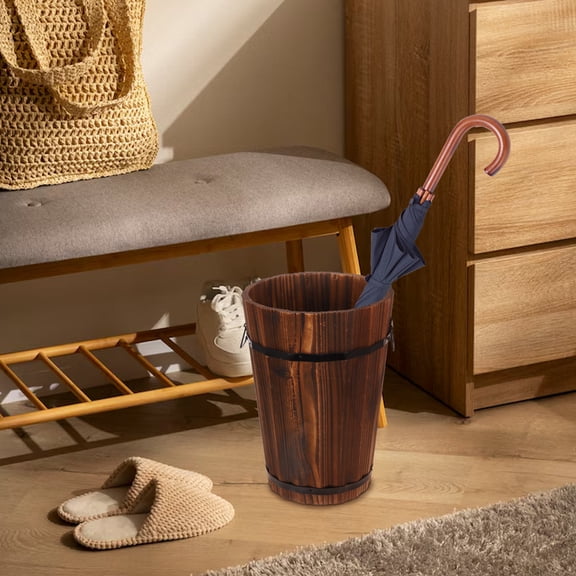 PTOOTP Rustic Brown Pine Wood Indoor Umbrella Stand Bucket, Cylindrical Home Entryway Organizer for Shoes and Accessories