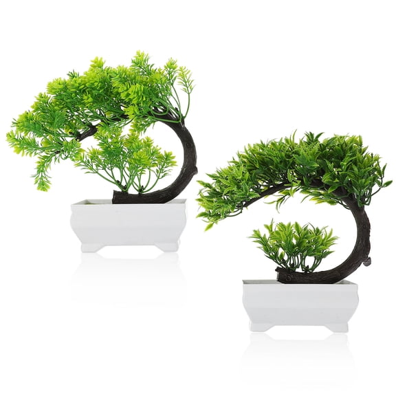 PTOOTP 2Pcs Realistic Artificial Bonsai Tree Green Fake Potted Tree Home Office Tabletop Decor