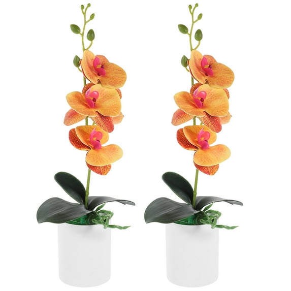 PTOOTP Set of 2 Artificial Orange Orchid Plants in Decorative Plastic Pots for Living Room Tabletop Home Decor