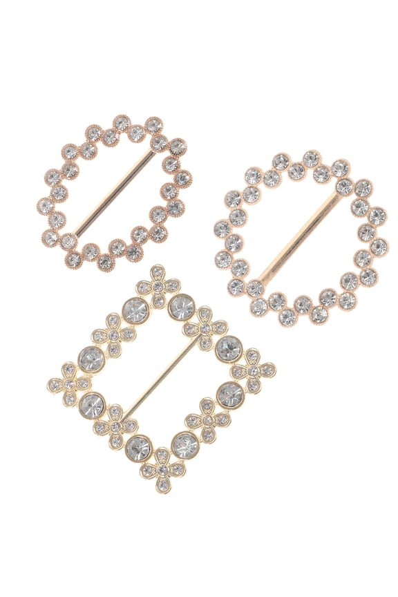 3-Piece Rhinestone Buckle Set, Elegant Golden Metal Fashion Buckles for Womens Accessories and Clothing
