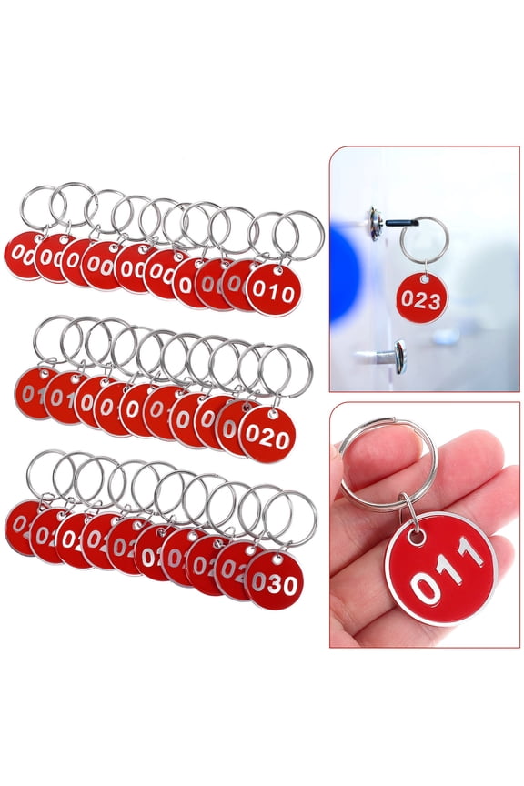 30Pcs Portable Red Number Key Tags with Rings Easy to Read Round Keychain Labels for Item Identification
