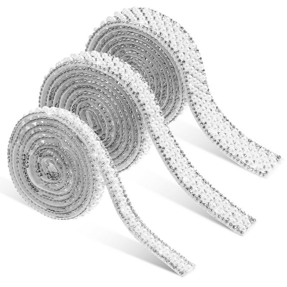 3 Pcs Rhinestone Ribbon Pearl Trim Strips - Glass & Colored Glaze Material, Decorative Ribbon Tape Pearl Stickers for Crafts & Party