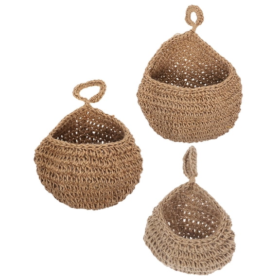 PTOOTP 3-Pack Brown Hanging Jute Baskets for Kitchen Storage, Vegetable & Fruit Organizer, Design