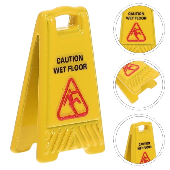 PTOOTP 4Pcs Miniature Warning Signs Set Yellow Alloy Safety Notices for Fairy Garden Accessories