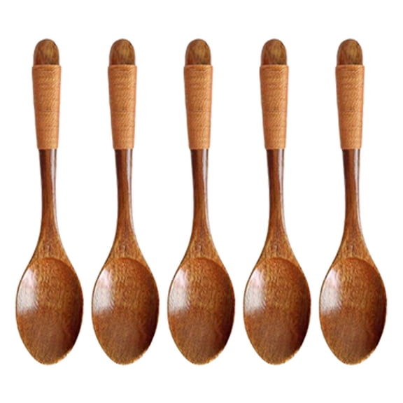 PTOOTP 5-Piece Wooden Dessert Spoon Set Chocolate Color Household Tableware for Kitchen Dining