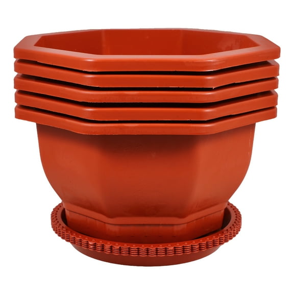 PTOOTP 5-Pack Red Octagonal Bonsai Training Pots with Drainage Tray, Plastic for Indoor and Outdoor Gardening