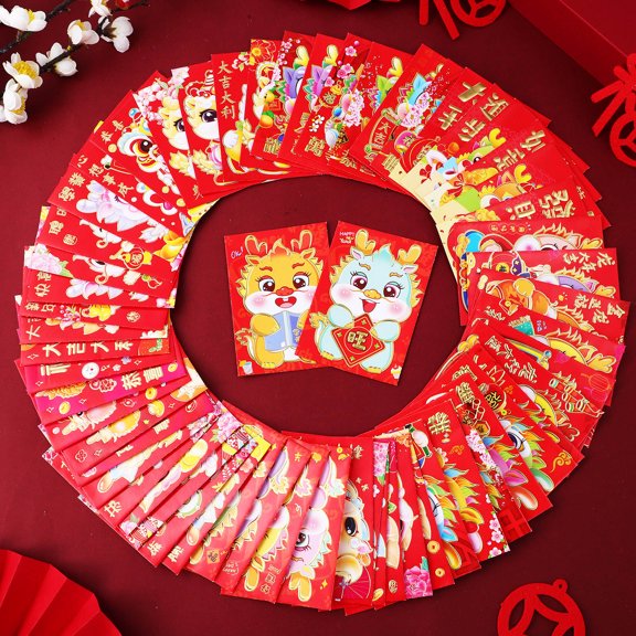 PTOOTP 60Pcs Red Envelopes Dragon Design Copper Plate Paper Red Packet for Storage Use