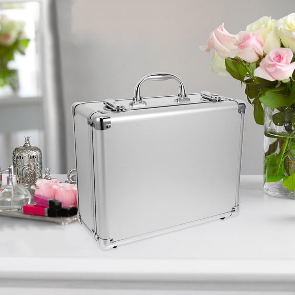 PTOOTP Hard Metal Briefcase for Storage Plated Silver Tool Organizer with Handle and Security Lock