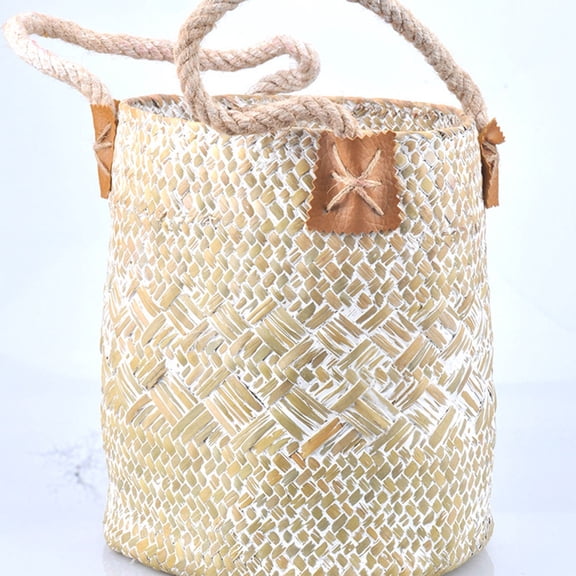 PTOOTP Portable Handmade Woven Braided Basket White for Laundry Storage and Flower Pot