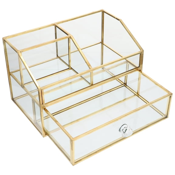 PTOOTP Small Double Layer Glass Drawer Box Elegant Desktop Ladies Small Jewelry Trinket Storage Case