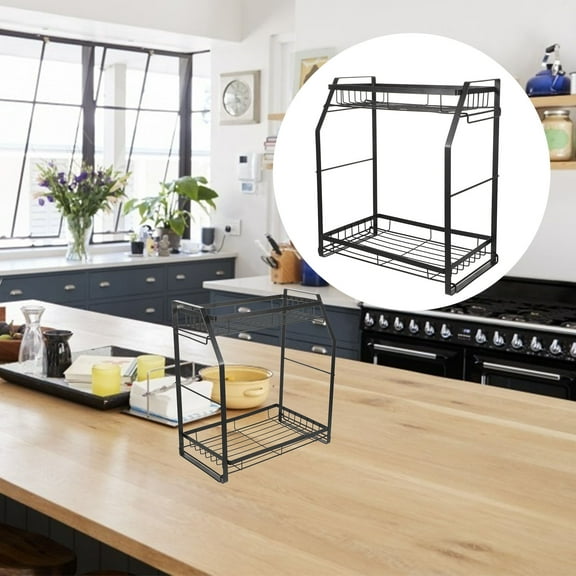 PTOOTP 2-Tier Black Rectangular Spice Organizer Shelf for Kitchen, Pantry Storage Rack for Countertop and Cabinet, 1 Set