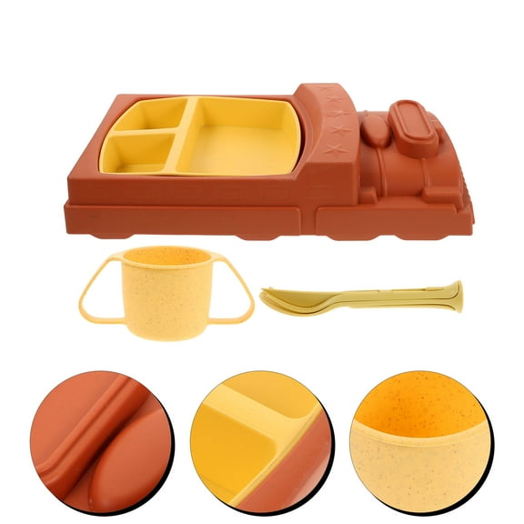 PTOOTP Straw Child Tableware Set with Sectioned Train Design Antidrop Features for Kids 3 Compartments