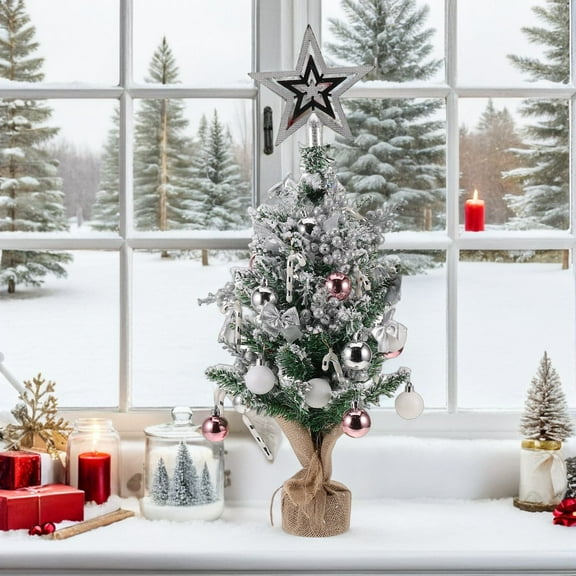 PTOOTP Compact Silver Flocked Xmas Tree with Materials for Home