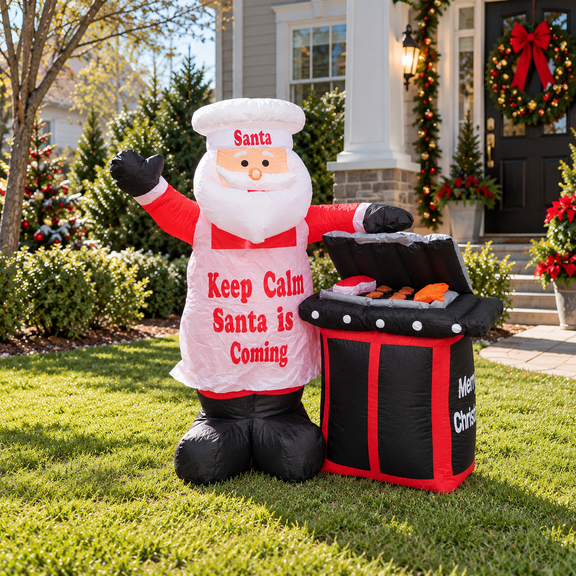 PTS 5.3 FT Lighted Christmas Inflatable Chef Santa Claus Barbecue BBQ Scene