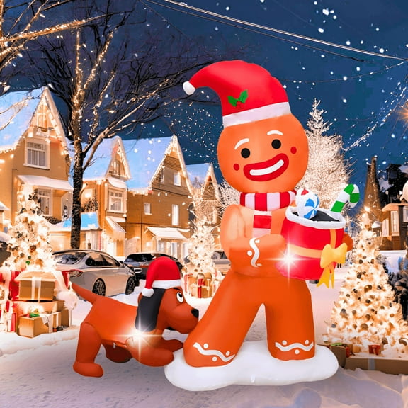 PTS 5FT Inflatable Gingebread Man with Dog Outdoor Decoration, Christmas Blow Up Yard Decorations, Built-in LED Lights Inflatables Xmas Holiday Funny Decor for Indoor Lawn Garden