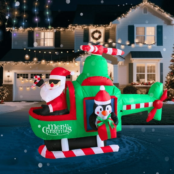 6.5FT Christmas Inflatable Helicopter with Santa and Penguin Outdoor Decoration