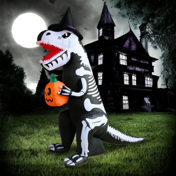 PTS 7FT Inflatable Dinosaur Skeleton with Pumpkin Outdoor Decoration