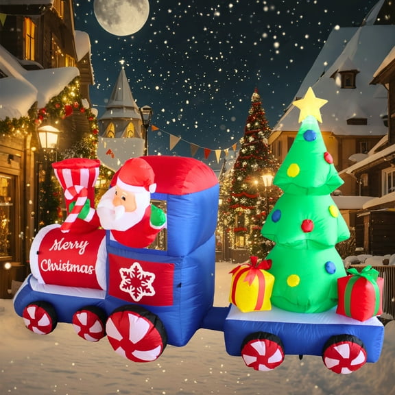 7FT Christmas Inflatable Santa Claus on Train with Christmas Tree Outdoor Decoration