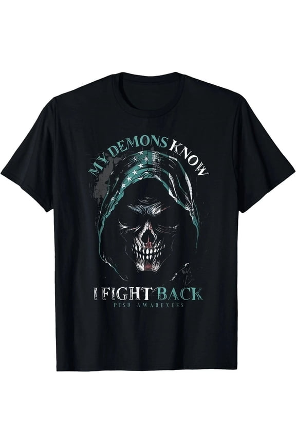 PTSD Awareness Grim Reaper My Demons Know I Fight Back Unisex T-Shirt, S - 5XL