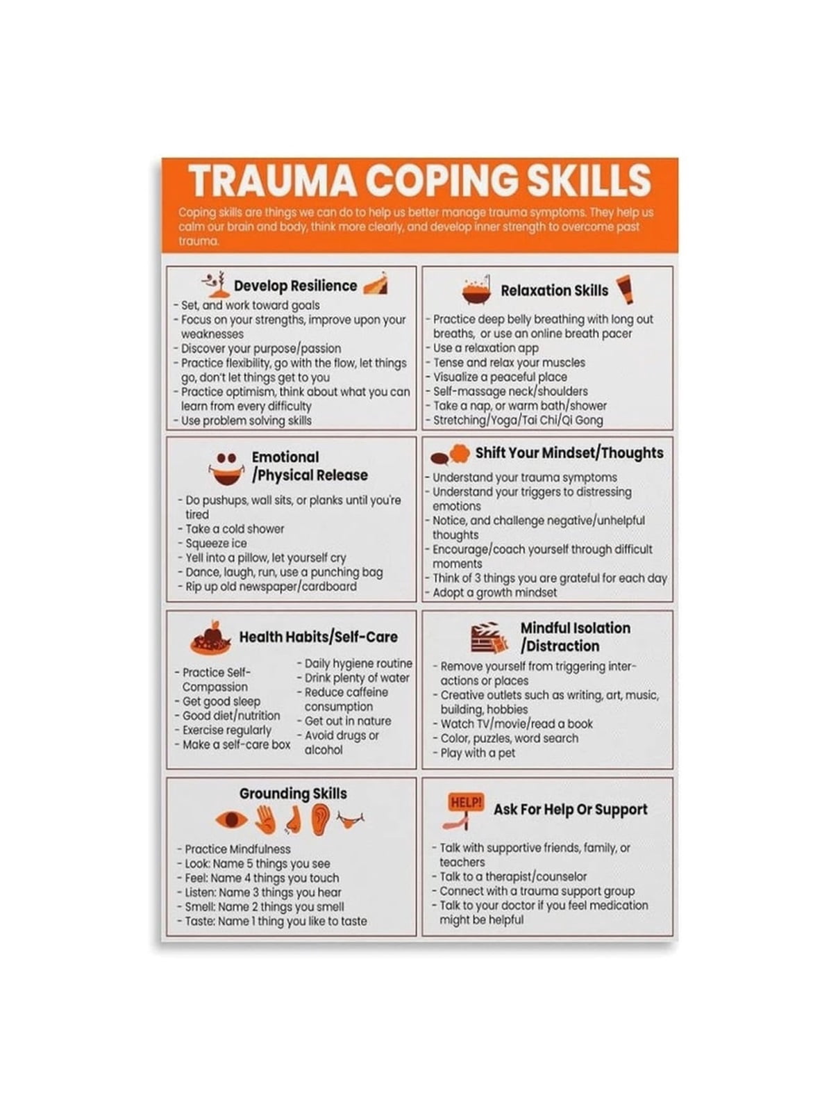 PTSD Trauma Coping Skills Educational Poster Therapy Chart for ...
