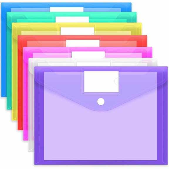 PTSPLLMY 12pcs Plastic Envelopes Poly Envelopes, Hook & Loop Closure File Folders, A4 Size File Envelopes with Label Pocket for School and Office Supplies