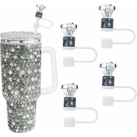 PTSPLLMY 4 Pcs Sparkling Diamond Straw Topper Set, Stylish Rhinestone Straw Caps Compatible with Stanley 30oz 40oz Tumblers, Perfect Compact Gift for Women (White)