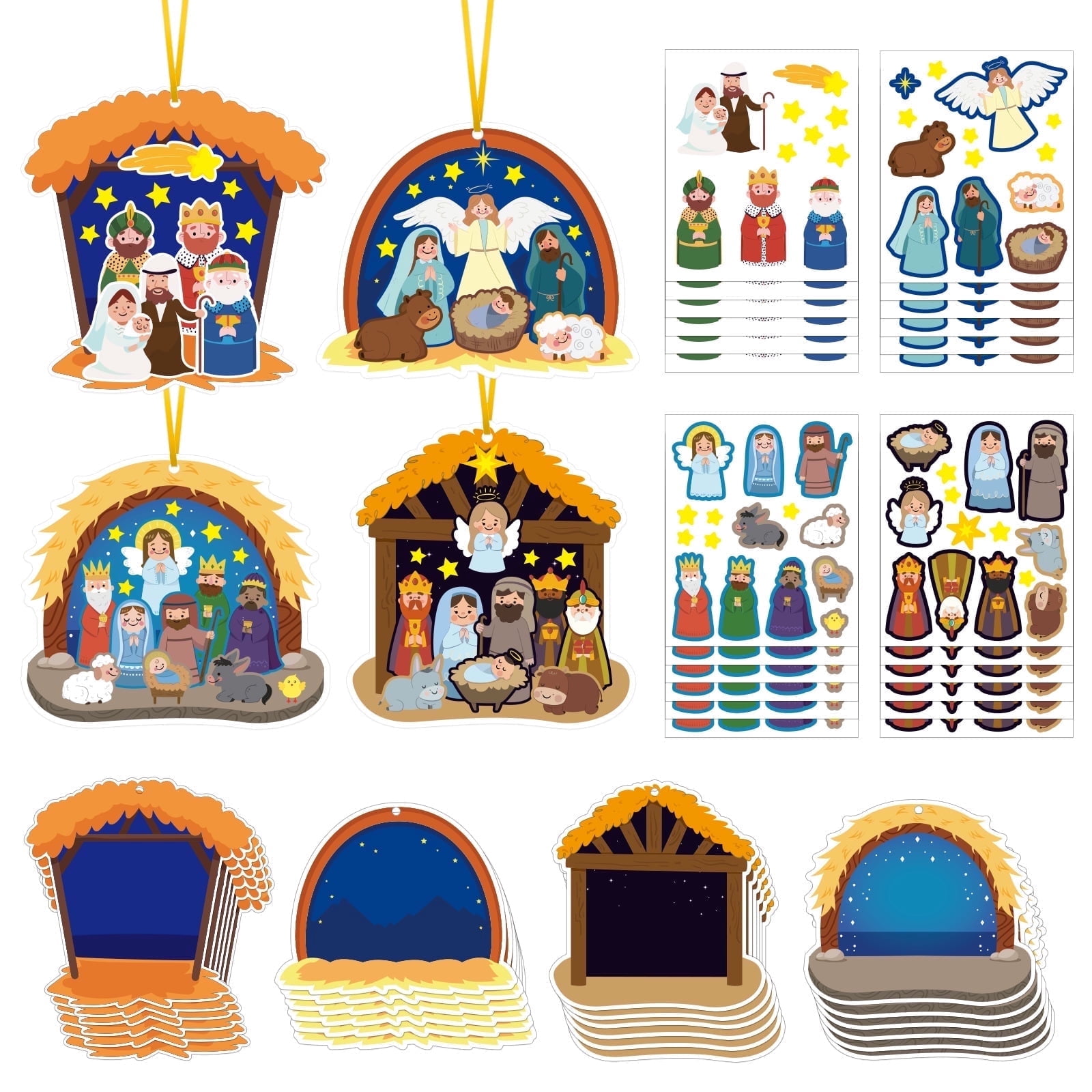 PTSPLLMY 72-Pcs Nativity Scene Craft Kit for Kids, DIY Christmas Tree Ornaments with Stickers, Manger Cards & Ribbons Gift Set