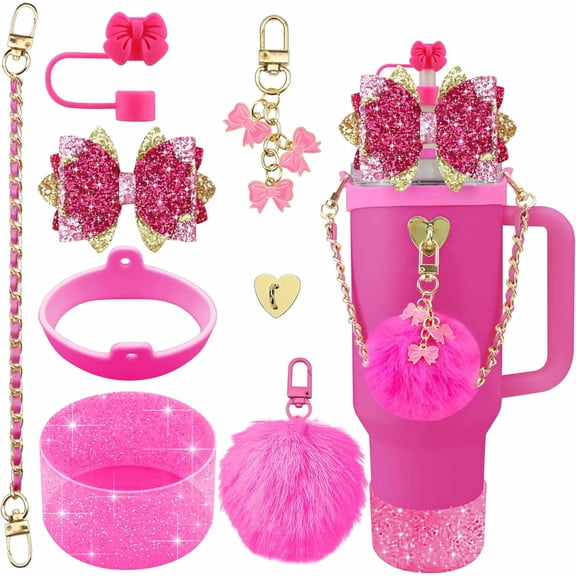 PTSPLLMY Bling Accessories for Stanley Cup 40oz & 30oz Tumbler including Silicone Cute Bow Straw Topper Cover, Silicone Boot for Stanley Cup,Leather Water Bottle Handle Strap, Charms(Brown)